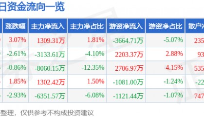 新力金融（600318）7月24日主力资金净买入1309.31万元