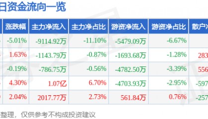 新力金融（600318）7月14日主力资金净卖出9114.92万元