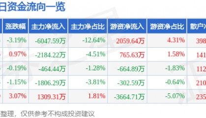 新力金融（600318）7月30日主力资金净卖出6047.59万元