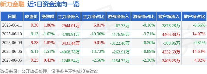 新力金融（600318）6月11日主力资金净买入2944.01万元